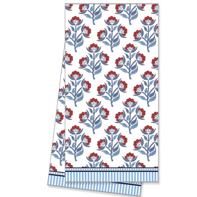 Red Floral Block Print Pattern Tea Towel - My Trove Box