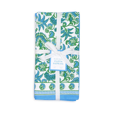 Cotton Printed Napkins, Set of 4: Blue-Green Indian Block Print - My Trove Box