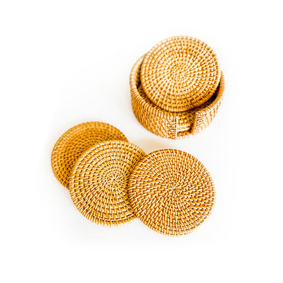 Rattan Drink Coasters and Holder - Set of Six (6) - My Trove Box