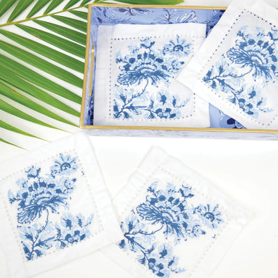 Cocktail Napkin Set - Blue Floral Embroidered - My Trove Box
